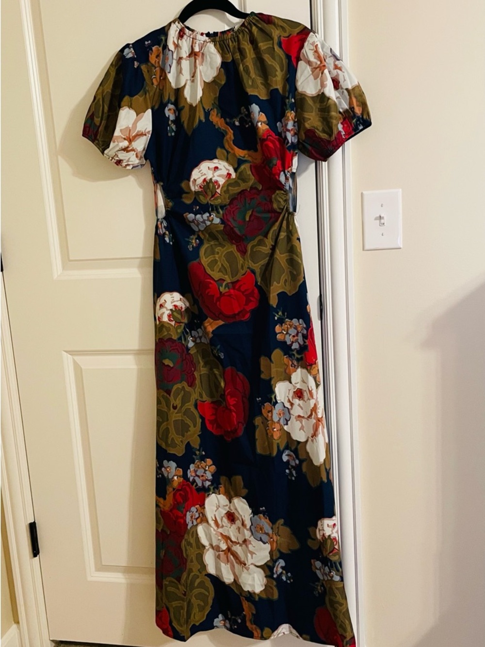 Navy Floral Maxi Dress with Puff Sleeves and Red Accents